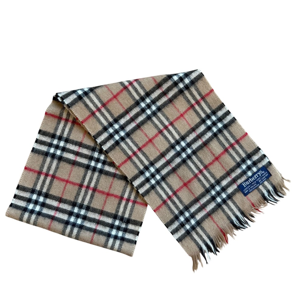 Burberrys Vintage Cashmere Wool Scarf Nova Check Plaid Beige Made in England